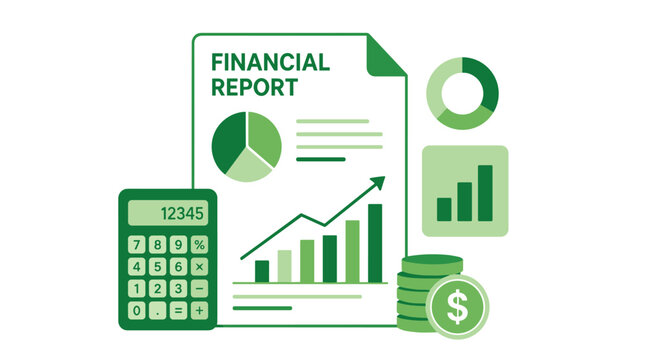 Financial report and charts with calculator and coins.