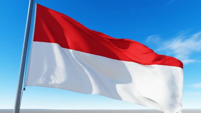 Indonesia National Flag Waving in the Wind Against Blue Sky