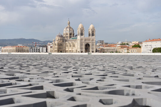 Marseille Cathedral and Old Town as seen from the Museum of European and Mediterranean Civilizations, France