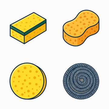 Four cartoon-style icons of cleaning tools: a rectangular sponge, a curved sponge, a round sponge, and a metallic scrubber. All have a yellow/grey color scheme.