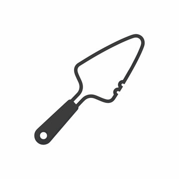 A black and white icon of a cake server with a triangular blade and a curved handle with a hole for hanging.