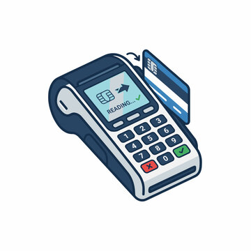 A credit card is being inserted into a point-of-sale terminal, with the screen displaying READING.... The terminal has a keypad and buttons.