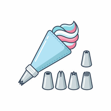 A cartoon illustration of a piping bag filled with swirled icing and several different piping tips arranged next to it.