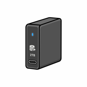 A 2TB external hard drive icon featuring a blue power light, a database/storage symbol, and a USB-C port.