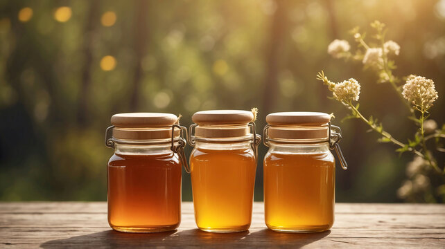 Glass jars filled with natural organic honey displayed on a rustic wooden table in warm golden sunlight. Premium raw honey