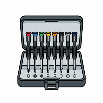 A set of eight precision screwdrivers with colored handles and various tips, neatly organized in a gray storage case.
