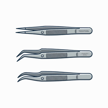 Three stainless steel tweezers with different tip designs: straight, bent, and curved. Each features a textured grip.
