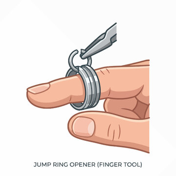 A hand with a ring on its finger, being worked on by a jump ring opener tool, demonstrating jewelry repair or creation.