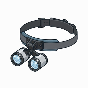 A close-up illustration of a pair of binocular loupes mounted on an adjustable headband, designed for magnification during close-up work.