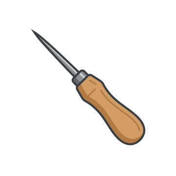 A cartoon illustration of an awl with a pointed metal tip and a wooden handle. The tool is isolated on a white background.