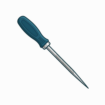 A tool with a blue handle and a long, tapered, textured metal shaft, likely used for shaping or smoothing materials.