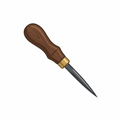 Fototapeta premium A hand tool with a pointed steel tip and a wooden handle, commonly used for piercing holes in leather or other materials.