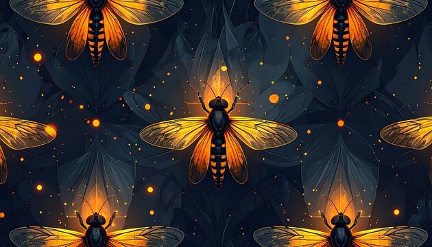 A dark background with glowing fireflies and sparks