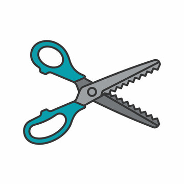 A pair of teal and gray crafting scissors with zigzag blades is shown against a white background.