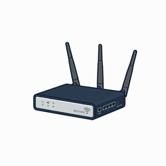 Fototapeta premium A black router with three antennas and multiple indicator lights. It has a silver trim and ports on the side.