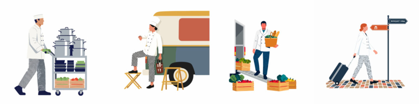 Professional Catering and Culinary Service Set with Chefs, Food Delivery, and Event Preparation Illustrations