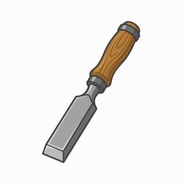 A cartoon-style illustration of a woodworking chisel with a beveled metal blade and a wooden handle.
