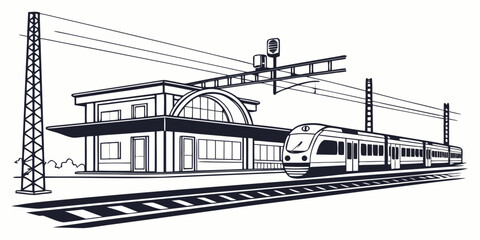 Passenger train arriving at a modern railway station building with overhead cables transport building architecture commuter railroad locomotive © Sp