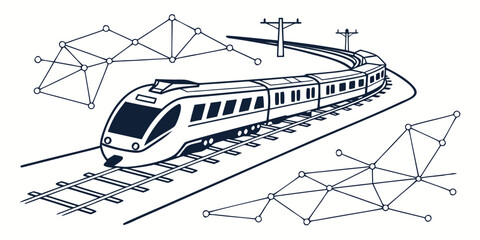 Modern passenger train traveling on tracks with abstract digital network connection nodes transport locomotive railroad technology connection © Sp