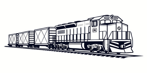 Industrial freight train locomotive with cargo wagons line art illustration locomotive railroad transport logistics industry shipping movement © Sp