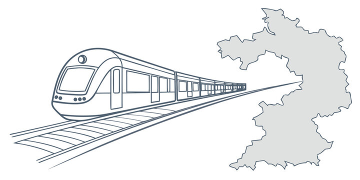 Line art illustration of a high-speed passenger train on tracks next to a regional map silhouette representing regional transportation networks