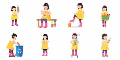 Fototapeta premium Cute Girl Character Set Demonstrating Plastic Bottle Recycling Steps for Environmental Awareness