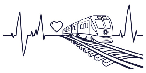 Graphic illustration of a train on tracks with a heart shape and heartbeat line symbol rail trip train ride heartbeat locomotive transportation © Sp