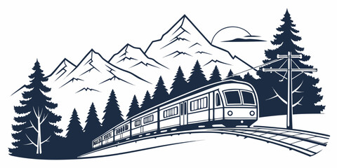 Mountain landscape with a passenger train moving along railway tracks through a pine forest rail line mountain landscape locomotive transportatio © Sp