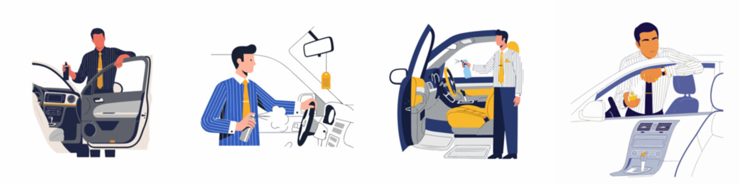 Set of illustrations showing a professional man applying air freshener or car perfume inside luxury vehicles for a fresh and clean scent.
