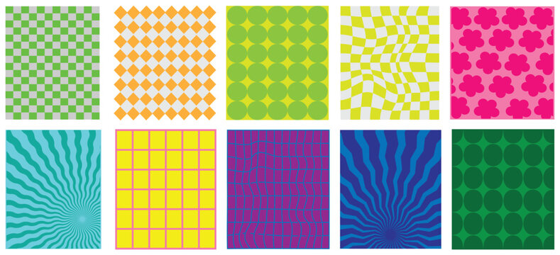 Retro geometric seamless patterns, groovy checkered backgrounds. wavy lines and distorted grid tiles, groovy checkered poster background. Vintage aesthetic banner pattern, minimal contemporary texture