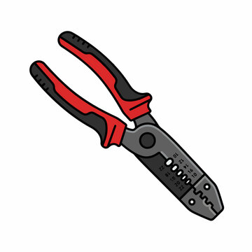 A simple, cartoon-style illustration of a wire stripper and crimper tool with red and black handles.