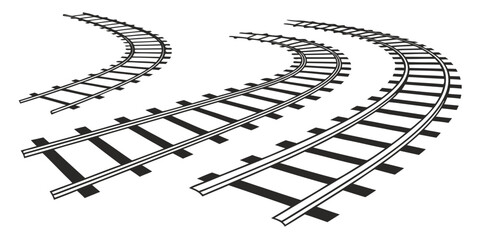 Black and white graphic of multiple curved train track sections in perspective with perspective transportation isolated railroad locomotive © Sp