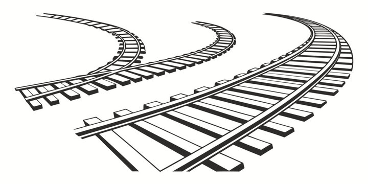 Graphic illustration of splitting railway tracks with perspective curves switching junction perspective transportation isolated railroad