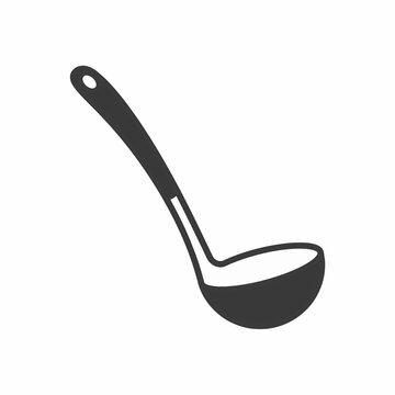 A black and white illustration of a ladle, a kitchen utensil used for serving soup, stew, or other liquids. It has a long handle and a deep bowl.