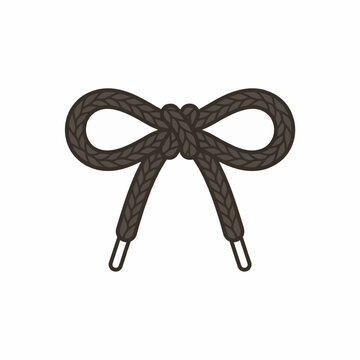 A dark brown shoelace is tied into a bow with a knot in the center. The ends have aglets.