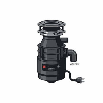 A stylized, cartoon-like illustration of a black garbage disposal unit with a red switch and an arrow pointing to WASTE from the outflow pipe.