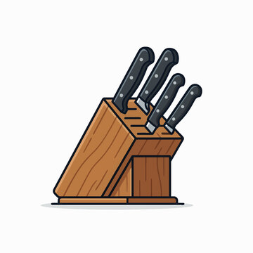 Wooden knife block with four knives, illustrating kitchen organization and culinary tools.