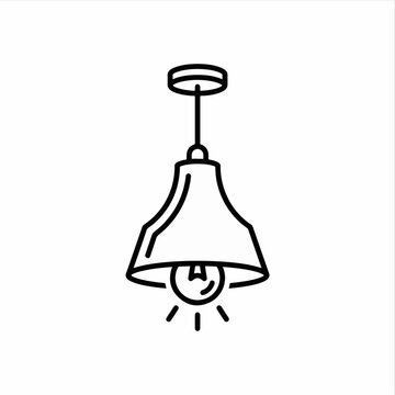 A simple, modern line art illustration of a hanging pendant light fixture with an exposed bulb emitting light.