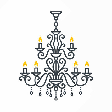 A stylized, ornate chandelier with candle-like lights and crystal accents, rendered in a dark outline with yellow flame details.