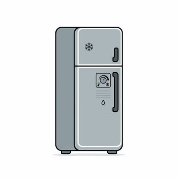A simplified, flat illustration of a gray two-door refrigerator with a snowflake icon and temperature dial on the freezer door.
