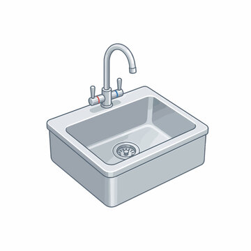 A clean, white sink with a chrome faucet and knobs, depicted in an isometric perspective against a white background.