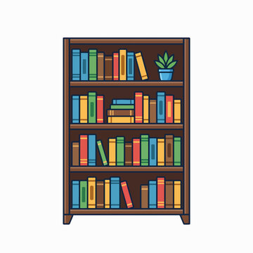 A flat illustration of a brown wooden bookshelf filled with colorful books, a potted plant, and a single red book standing out.