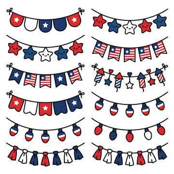 Set of hand drawn patriotic garlands in red white and blue