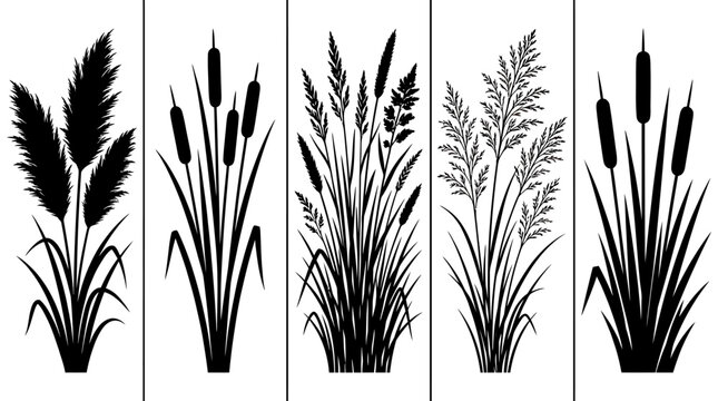 Black silhouettes of various cattails plants.