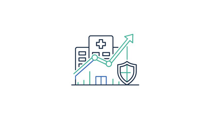 Obraz premium Healthcare growth and protection concept with hospital, upward graph, and shield icon