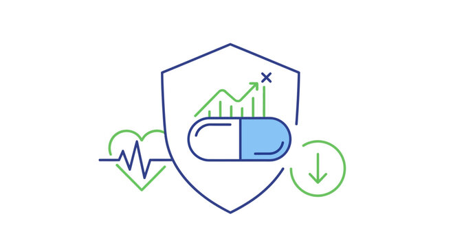 Healthcare growth and protection concept, pill inside shield with heart rate and down arrow