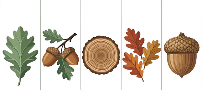 Oak tree parts and acorns illustration 1.