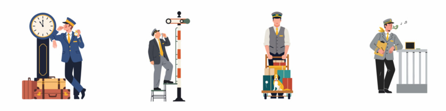 Collection of flat illustrations featuring vintage train station staff including conductors, a porter with luggage, and a worker at a railway signal.