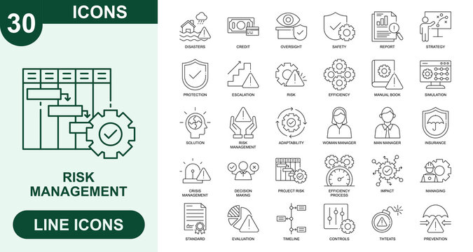 Risk Management, Outline Vector Icons. Editable Stroke Icons Set. disasters, credit, oversight, safety, report, strategy, protection, escalation, risk, efficiency and more.