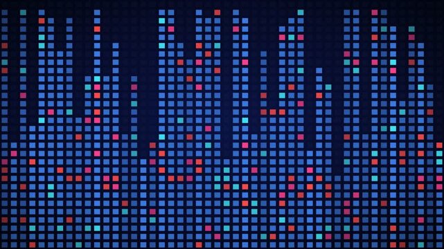 Blue rgb equalizer bars LED grid background, dot matrix display motion loop